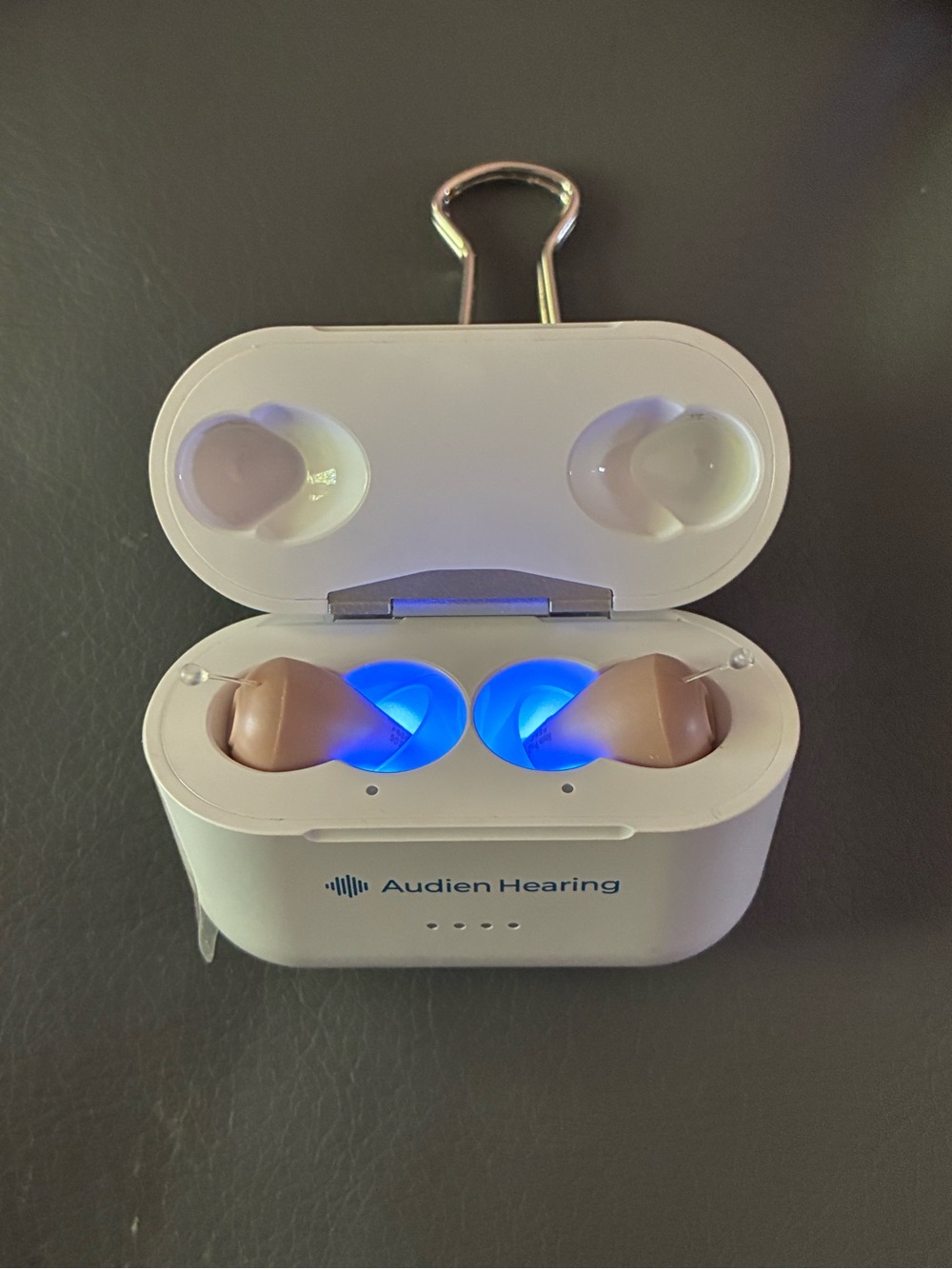 Audien Hearing Wireless Earbuds in Beige with White Charging Case